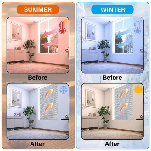Window Insulation Roll 48In By 20Ft Reflective Heat Shield Bubble Film With Double Sided Aluminum Foil Insulation For Weatherproof Windows Garage Doors RVs Basements Beat The Heat All Year Round For Winter And Summer Comfort shown for summer and winter window insulation