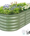Galvanized Raised Garden Bed Kit 4x2x1.4 Ft Oval Steel Outdoor Planter With Safe Folded Edge filled with flowers