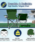Lightweight Outdoor Folding Camping Chair With Cup Holder And Adjustable Armrests in green shown in quad style setup on grass
