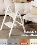 Aluminum 2 Step Folding Ladder White Finish Lightweight and Portable for Home Garage or Workshop Open Size 18x20x24 Inches Top Step Height 17.7 Inches Folds to Slim 1.8 Inch Profile for Easy Carry and Neat Storage, white 2-step ladder on wood floor