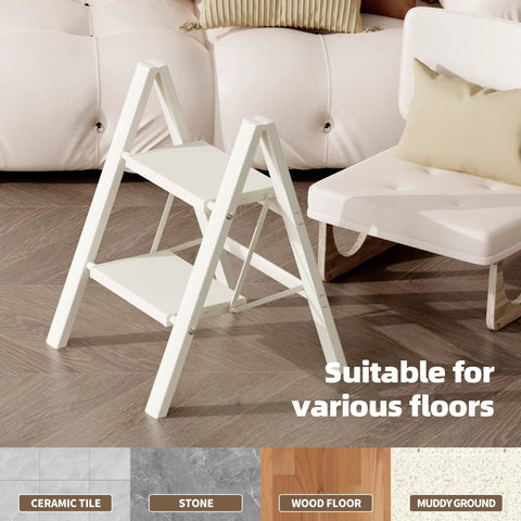 Aluminum 2 Step Folding Ladder White Finish Lightweight and Portable for Home Garage or Workshop Open Size 18x20x24 Inches Top Step Height 17.7 Inches Folds to Slim 1.8 Inch Profile for Easy Carry and Neat Storage, white 2-step ladder on wood floor