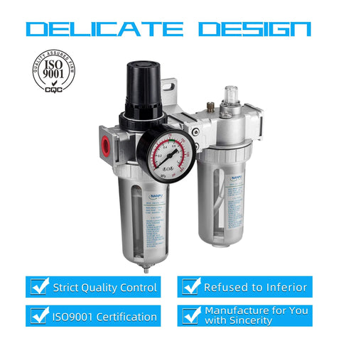 Half Inch NPT Air Filter Regulator Lubricator Dryer Gauge Kit Water And Oil Separator 3 In 1 Twin Unit with semi-auto drain