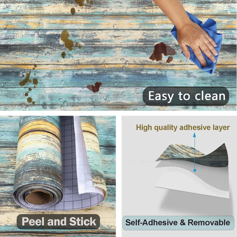 Blue Distressed Wood Grain Peel And Stick Wallpaper For Cabinets And Walls, showing easy cleaning and self-adhesive feature.