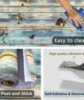 Blue Distressed Wood Grain Contact Paper Peel And Stick Self Adhesive Wallpaper For Cabinets Waterproof Removable Wood Look Finish 15.7 By 236 Inches Navy Blue Beachy Rustic Style shown with examples of cleaning and adhesive layers.