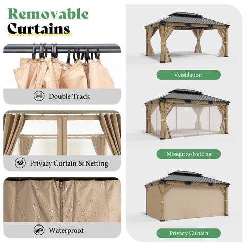 12x14 Heavy Duty Hardtop Gazebo With Double Metal Roof Wood Outdoor Pavilion With Privacy Curtains And Mosquito Netting
