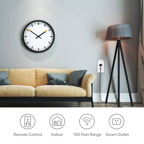 Living room with clock, sofa, and floor lamp using Mini Wireless Wall Mount Remote Outlet Switch Kit With 3 Plug In Outlets.