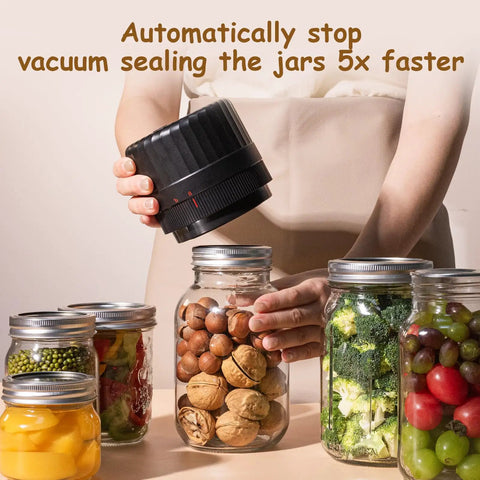 Person using Electric Mason Jar Vacuum Sealer Kit Game Changing With Ten Lids Included Automatic Seal For Fresh Pantry Staples Perfect For Salads Canned Goods Pickles Fermented Foods And Preserves on jar of nuts