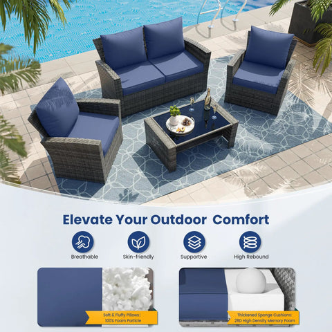 Outdoor Chair Cushions Set Of 4 Replacement Cushions For Patio Furniture Deep Seat Cushions With Water Resistant Removable Covers Navy Color arranged on rattan patio furniture by a pool