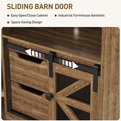 Sliding barn door mechanism on a wooden cabinet with deep drawers, showcasing industrial farmhouse design.