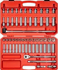 One Half Inch Drive Socket And Ratchet Set With Tough Carry Case, 57-Piece Shallow And Deep 6-Point SAE And Metric Socket Kit