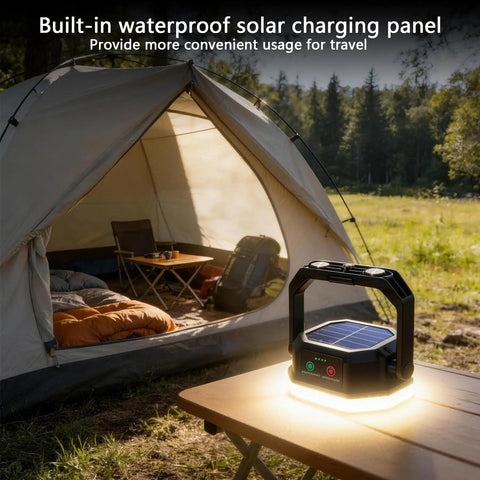 Go To Rechargeable Solar Camping Lantern With 6600mAh Battery And 4000 Lumens Output on table near tent