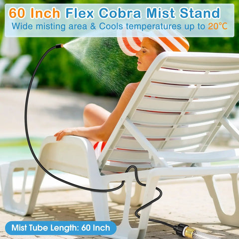Person lounging under 60 Inch Outdoor Hose Mister For Patio Flexible Standing Mister Portable Garden Misters For Cooling Outdoor Backyard Water Mist System Aluminum Adjustable Tube Bird Bath Chill Play