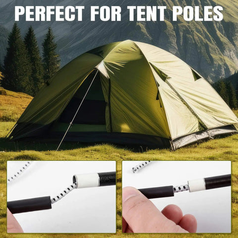 Two Rolls Of 100 Ft 1 8th Inch Shock Cord Tent Pole Repair Kit With Lead Wires And Washers shown repairing tent poles