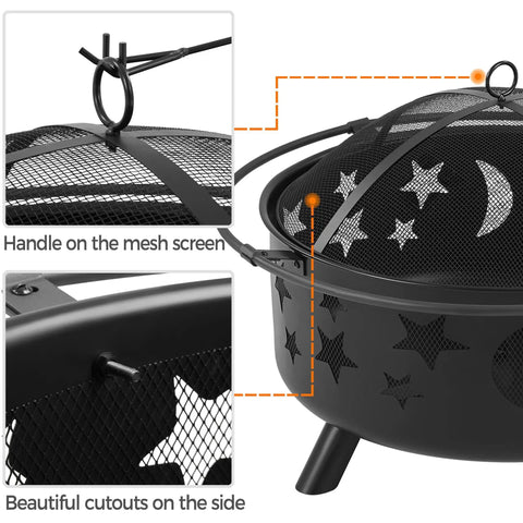 Close-up of Round 30 Inch Fire Pit For Outdoor Wood Burning With Spark Screen and Celestial Cutouts, showing handle and side