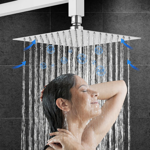 Woman enjoying water flow from square rain shower head, part of Chrome Shower Faucet Set With High Pressure Square Rain Shower Head And Handle, Wall Mounted Luxury Rainfall Shower Fixture, No Fuss Install Complete Combo With Valve, Brass cUPC Certified Bath Kit.