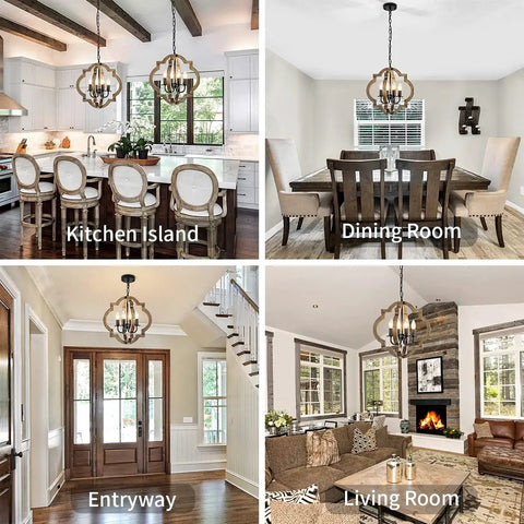 Rustic 4 Light Orb Chandelier Handcrafted From Solid Wood With Black Metal Details Ideal For Dining Room Kitchen Island Hallway Or Entryway Delivers Cozy Warm Farmhouse Glow And Modern Farmhouse Charm shown in multiple rooms.
