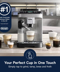 Front view of a fully automatic espresso machine with built-in grinder and milk frother, displaying 13 one-touch recipes.