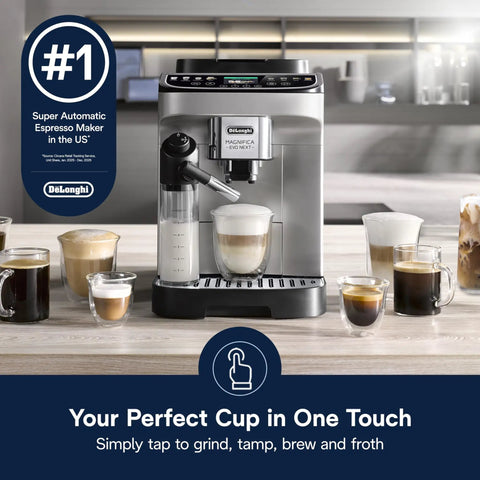 Front view of a fully automatic espresso machine with built-in grinder and milk frother, displaying 13 one-touch recipes.