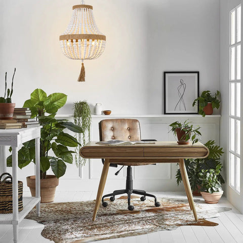 Office with Boho Wood Beaded Pendant Light With E12 Ball Bulbs Farmhouse Chandelier For Living Room Bedroom Kitchen Dining