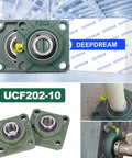 Two Pack UCF202-10 Pillow Block Bearing 5/8 Inch Bore, 4 Bolt Square Flange Mount, Self Aligning and Greasable, Cast Iron Housing, Easy Install, A Real Workhorse For Machinery And Conveyors, shown with mounted shaft
