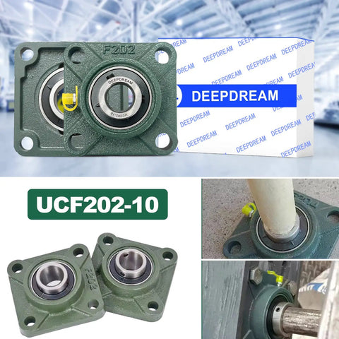 Two Pack UCF202-10 Pillow Block Bearing 5/8 Inch Bore, 4 Bolt Square Flange Mount, Self Aligning and Greasable, Cast Iron Housing, Easy Install, A Real Workhorse For Machinery And Conveyors, shown with mounted shaft