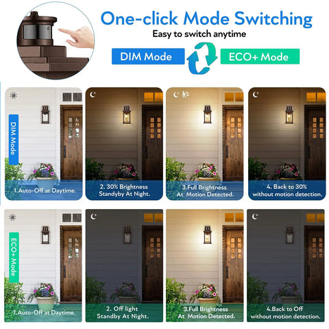 Outdoor Motion Sensor Porch Light In Oil Rubbed Bronze with mode switching options shown on a house wall.