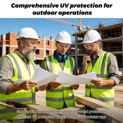 100 Pack Clear Safety Glasses For Men And Women, Ansi Z87.1 Certified Polycarbonate Eye Protection worn by workers on construction site.