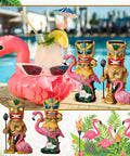 2 Pack Tiki Solar Lights 11.8 Inch Outdoor Tiki Statue Garden Torch Lamps With Flickering Eyes Bar Sign Flamingo Theme