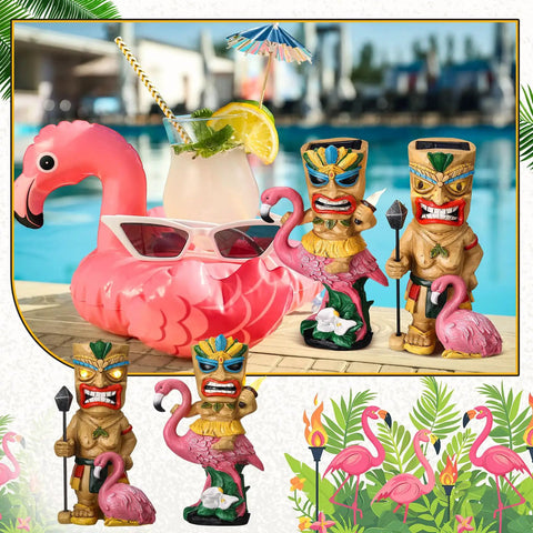 2 Pack Tiki Solar Lights 11.8 Inch Outdoor Tiki Statue Garden Torch Lamps With Flickering Eyes Bar Sign Flamingo Theme