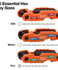 Compact Folding Hex Key Set With 25 Sizes In Metric And SAE Plus Torx Keys, three orange tools, labeled SAE, Metric, Torx.