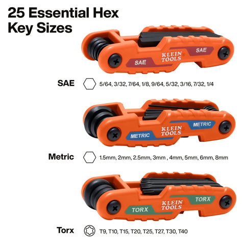 Compact Folding Hex Key Set With 25 Sizes In Metric And SAE Plus Torx Keys, three orange tools, labeled SAE, Metric, Torx.