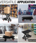 Garvee Heavy Duty Hydraulic Lift Table Cart, 1100 Lbs Capacity Scissor Hoist in various settings like warehouse and supermarket.