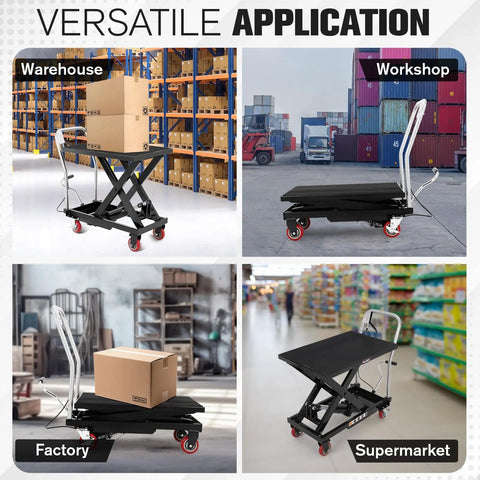 Garvee Heavy Duty Hydraulic Lift Table Cart, 1100 Lbs Capacity Scissor Hoist in various settings like warehouse and supermarket.