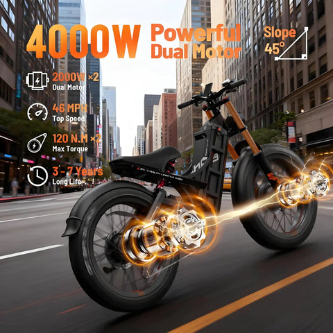 Heavy Duty Full Suspension Electric Bike With Four Thousand Watts Dual Motors And Massive Fifty Two Volt Battery in urban setting, showcasing dual motors.