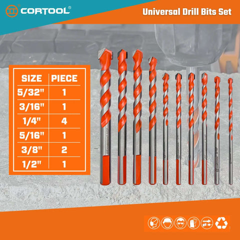 Cortool 10-piece masonry drill bit set with carbide tips, orange-coated bits, sizes 5/32 in to 1/2 in, with storage case.