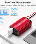 500W Pure Sine Wave Car Inverter 12V To 110V AC With 2 AC Outlets And 4.2A Dual USB Ports Safe. Red inverter powering laptop.