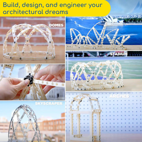 Architectural Engineering Kit For Kids And Teens Build 26 Real World Structure Models And Structural Elements With Flexible Steel Frame Pieces Hands On STEM Science Experiment And Model Building Set featuring domes, stadium, and skyscraper models