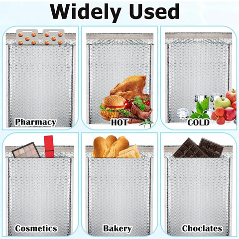 20 Pack Thermal Bubble Mailers showcasing uses for pharmacy, hot, cold, cosmetics, bakery, chocolates, 8x11 inches, silver metallic