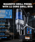 Zelcan 1550W Magnetic Drill Press With 2 Inch Boring Dia And 11 Core Bits Features stepless speed control with included drill bits.