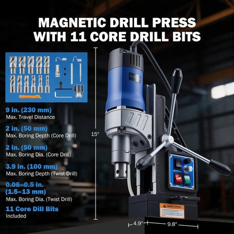 Zelcan 1550W Magnetic Drill Press With 2 Inch Boring Dia And 11 Core Bits Features stepless speed control with included drill bits.