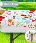 Close-up view of All-in-One Picnic Table Cover Set With Bench Covers For 6 Foot Tables, Waterproof Elastic Fitted Tablecloths, Flower Print.