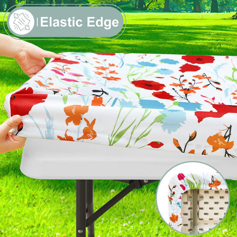 Close-up view of All-in-One Picnic Table Cover Set With Bench Covers For 6 Foot Tables, Waterproof Elastic Fitted Tablecloths, Flower Print.