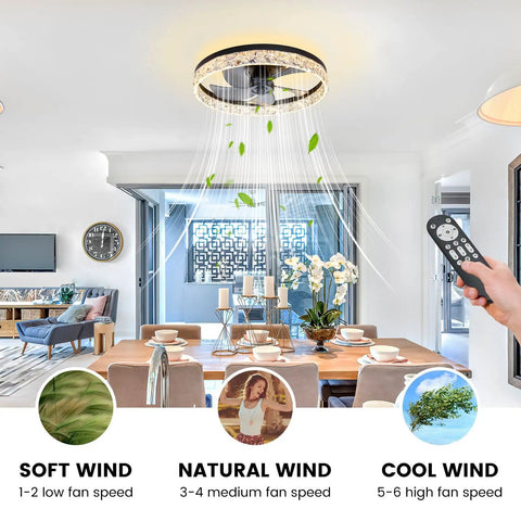 20 Inch Black Ceiling Fan With Light Remote Dimmable Enclosed Bladeless Design in modern living room setting