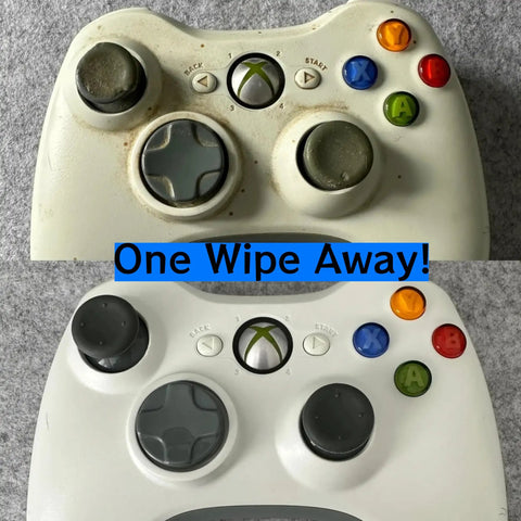Dirty and clean Xbox controller comparison using Alcohol Free Electronic Cleaning Wipes, 100 Individually Wrapped for gamers.