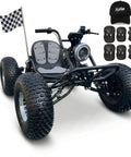 72V Electric Off Road Go Kart 3000W Brushless Motor Peak 10.8kW with seat, checkered flag, and safety gear.