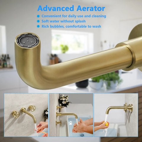 Close-up of brushed gold wall mount bathroom faucet spout with vintage widespread design and dual round handles for vessel sinks.