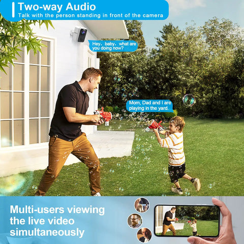 Father and child playing in yard under 3MP 2K Solar Security Camera Wireless Outdoor No-Hassle Rechargeable Battery Powered WiFi Surveillance.