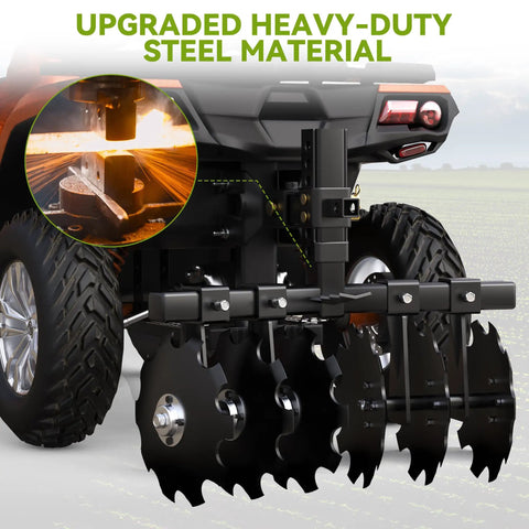 28-Inch Heavy-Duty Disc Plow Harrow With Universal 2-Inch Receiver for Tractor ATV UTV, black beefy steel discs connected to vehicle