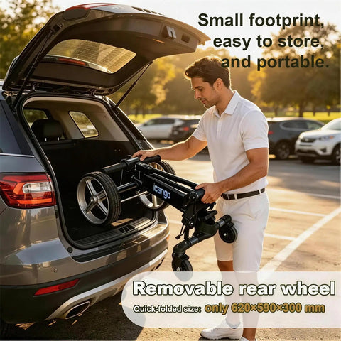 Built Tough Smart Follow Electric Golf Push Cart With Dual Radar Tracking And App Remote Control One Click Foldable Frame in car trunk