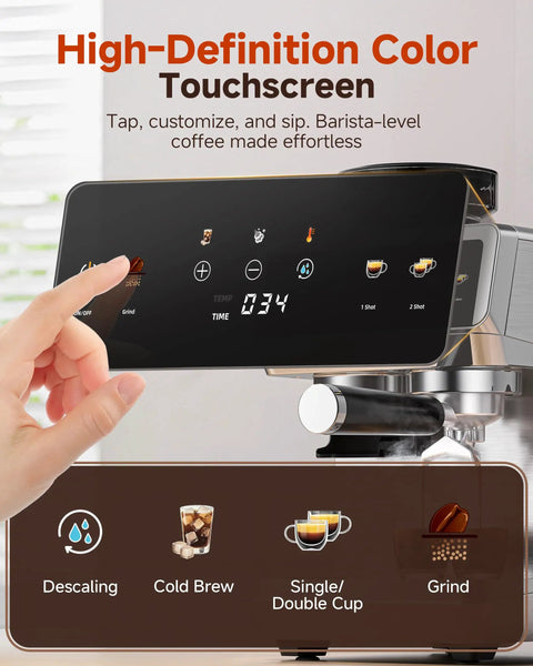 Espresso Machine With Built In Grinder And Milk Frother, 190-201F Temp Control, 44 Grind Settings, Touch Screen with Cold Brew